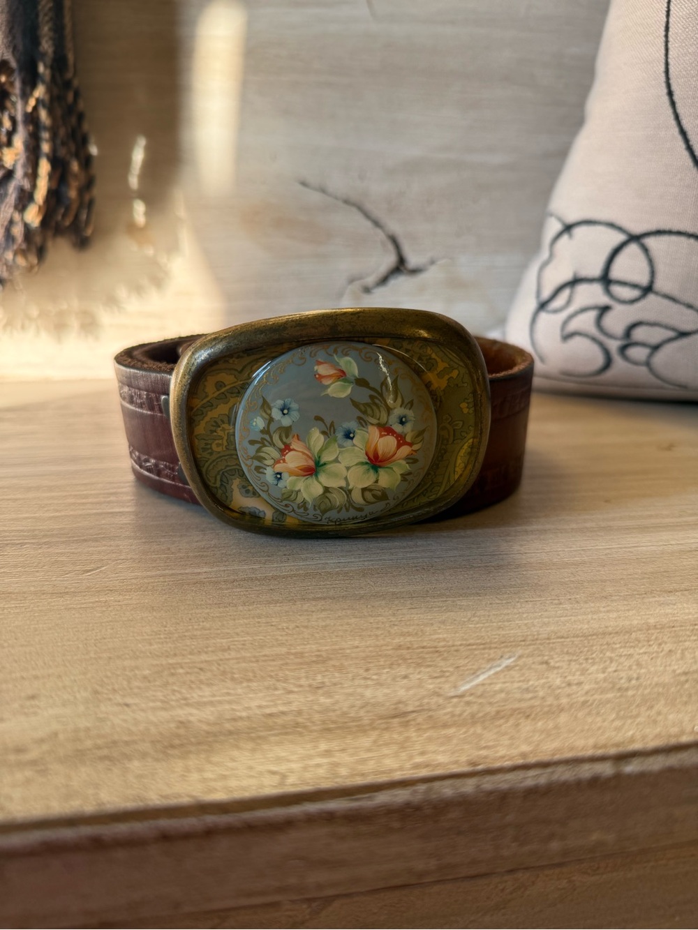 Vintage Allison Daniel Designs Floral Belt Buckle And Leather Belt Size 32 M